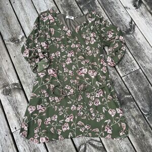 Verse Women's Tunic Dress‎ Green Floral Lined 3/4 Roll Tab Sleeve L Made In USA